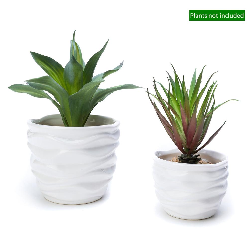 K Cliffs K-Cliffs "White Ceramic Flower Pots Modern Design Waving Curve Texture Tabletop Succulent Planter Set Of 2