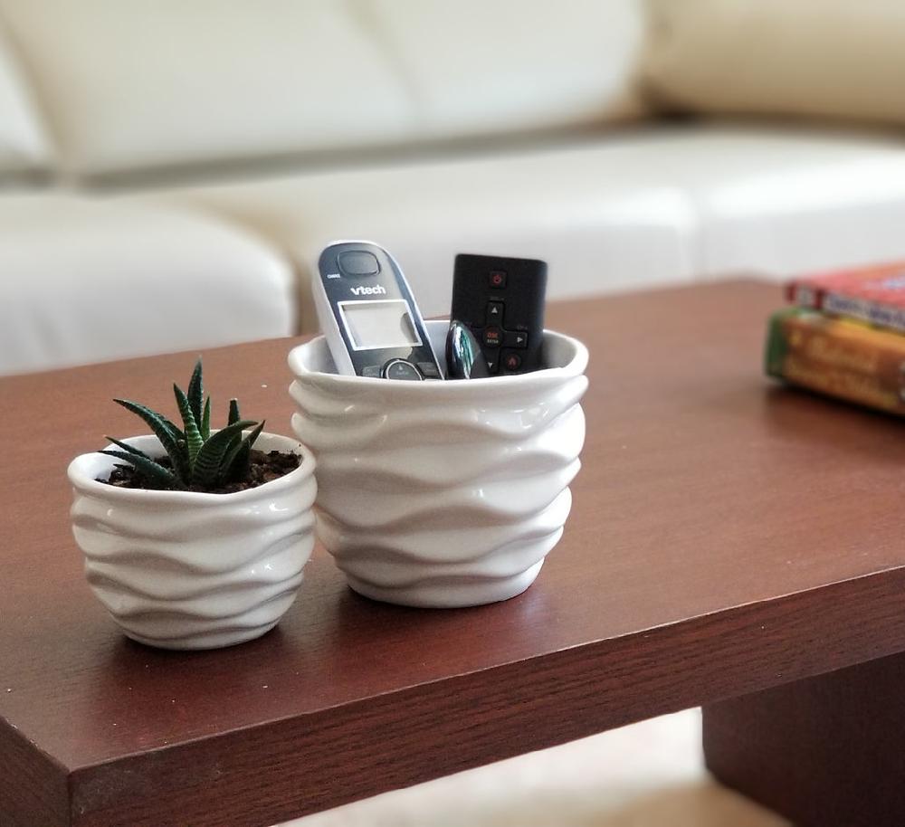 K Cliffs K-Cliffs "White Ceramic Flower Pots Modern Design Waving Curve Texture Tabletop Succulent Planter Set Of 2