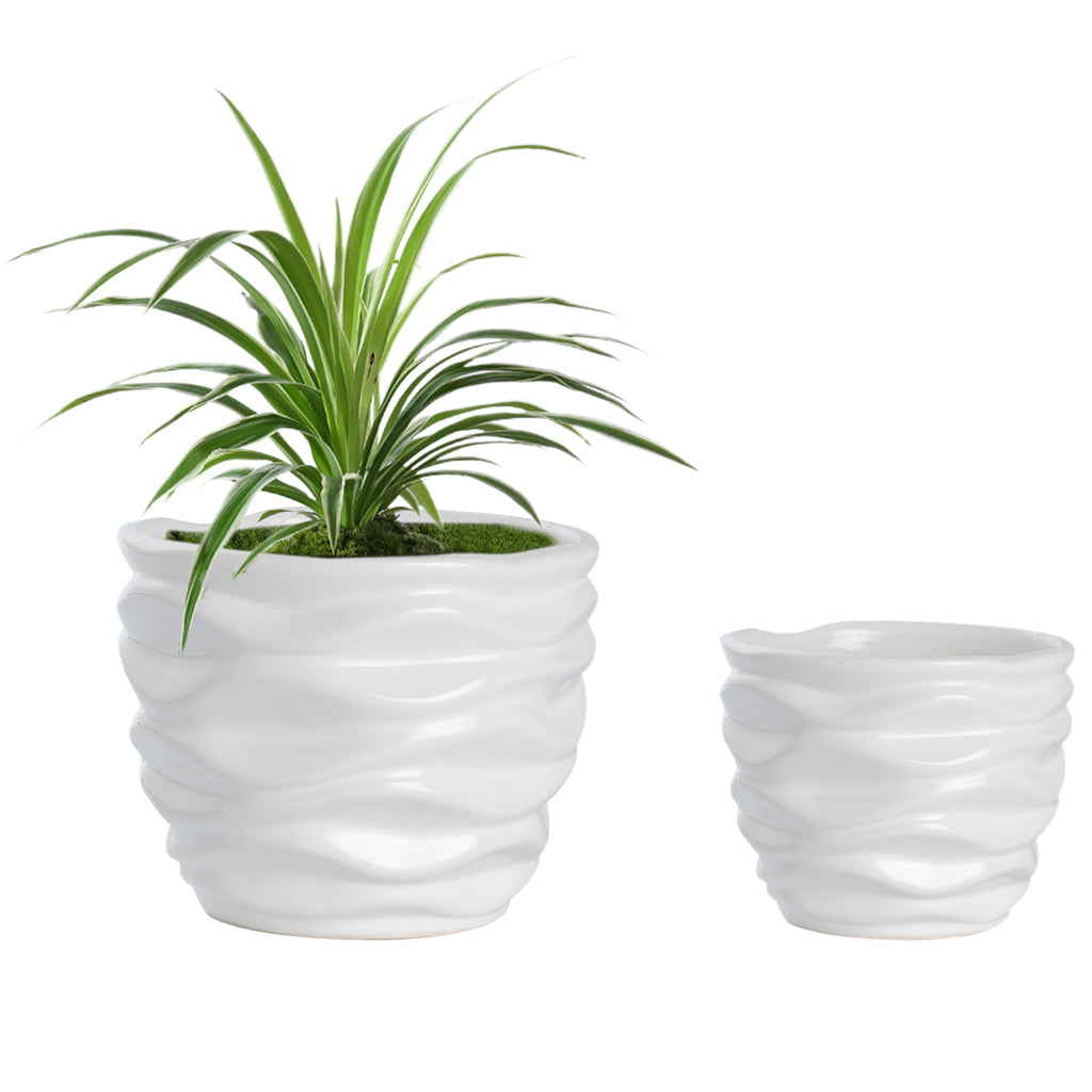 K Cliffs K-Cliffs "White Ceramic Flower Pots Modern Design Waving Curve Texture Tabletop Succulent Planter Set Of 2
