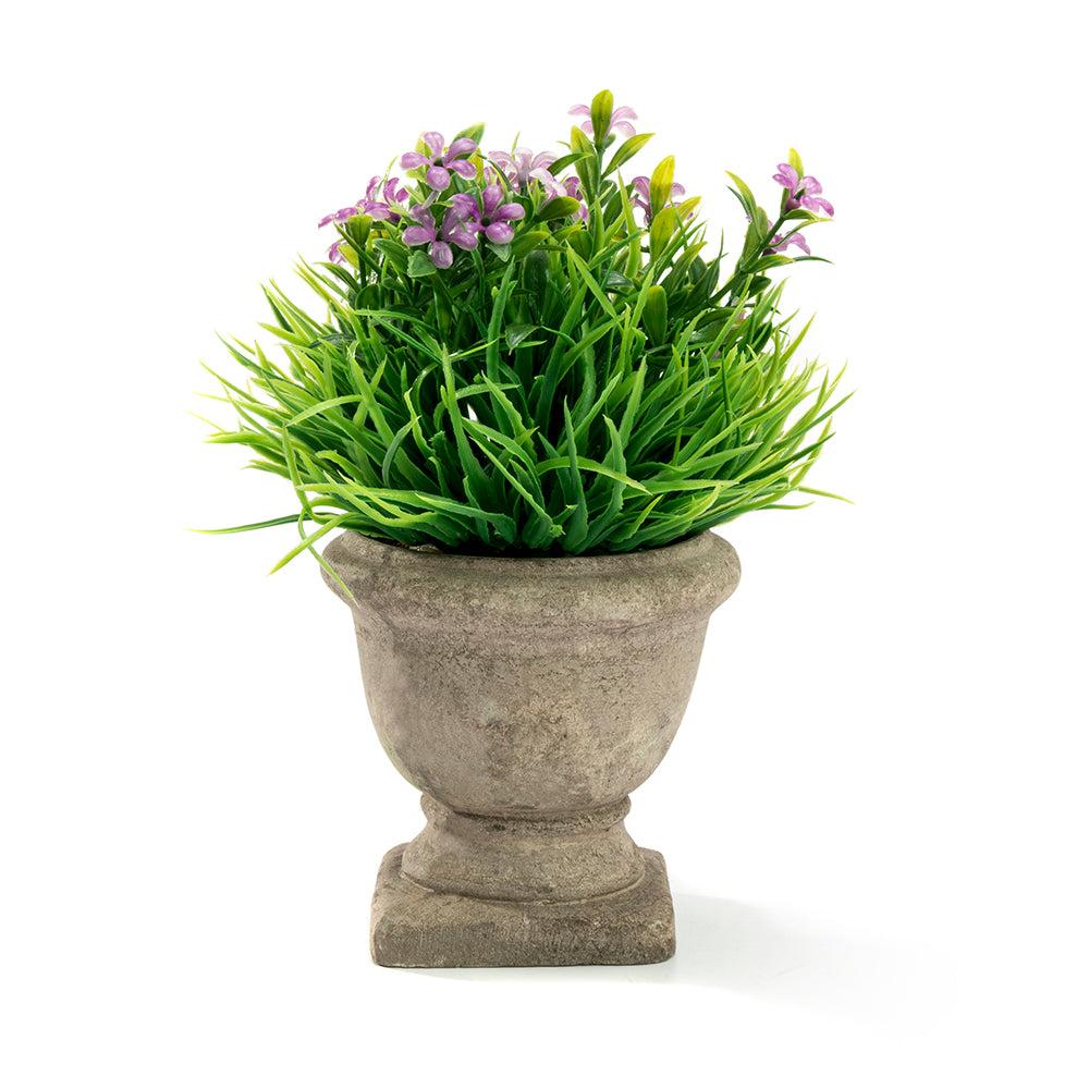 K Cliffs Mini Lifelike Artificial Green Grass & Purple Flowers In Trophy Design Pot - Faux Plant For Home & Office Décor