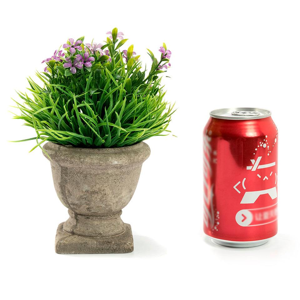 K Cliffs Mini Lifelike Artificial Green Grass & Purple Flowers In Trophy Design Pot - Faux Plant For Home & Office Décor