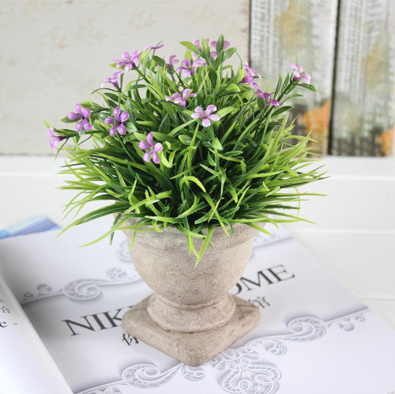 k cliffs Mini Lifelike Artificial Green Grass & Purple Flowers in Trophy Design Pot - Faux Plant for Home & Office Décor