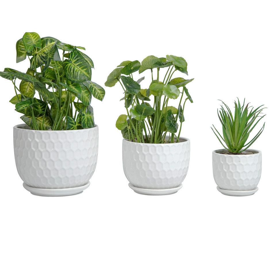 K Cliffs Set Of 3 Golf Ball-Inspired White Round Ceramic Planters With Drainage Hole W/Attached Saucers SML Sized