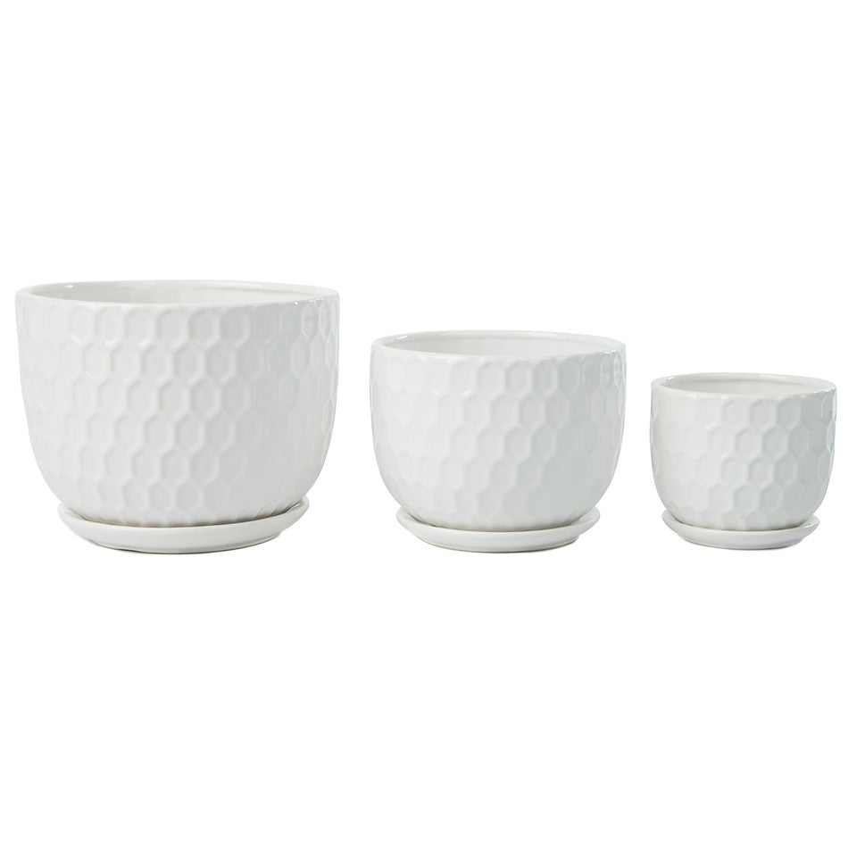 k cliffs Set of 3 Golf Ball-Inspired White Round Ceramic Planters with Drainage Hole w/Attached Saucers SML Sized