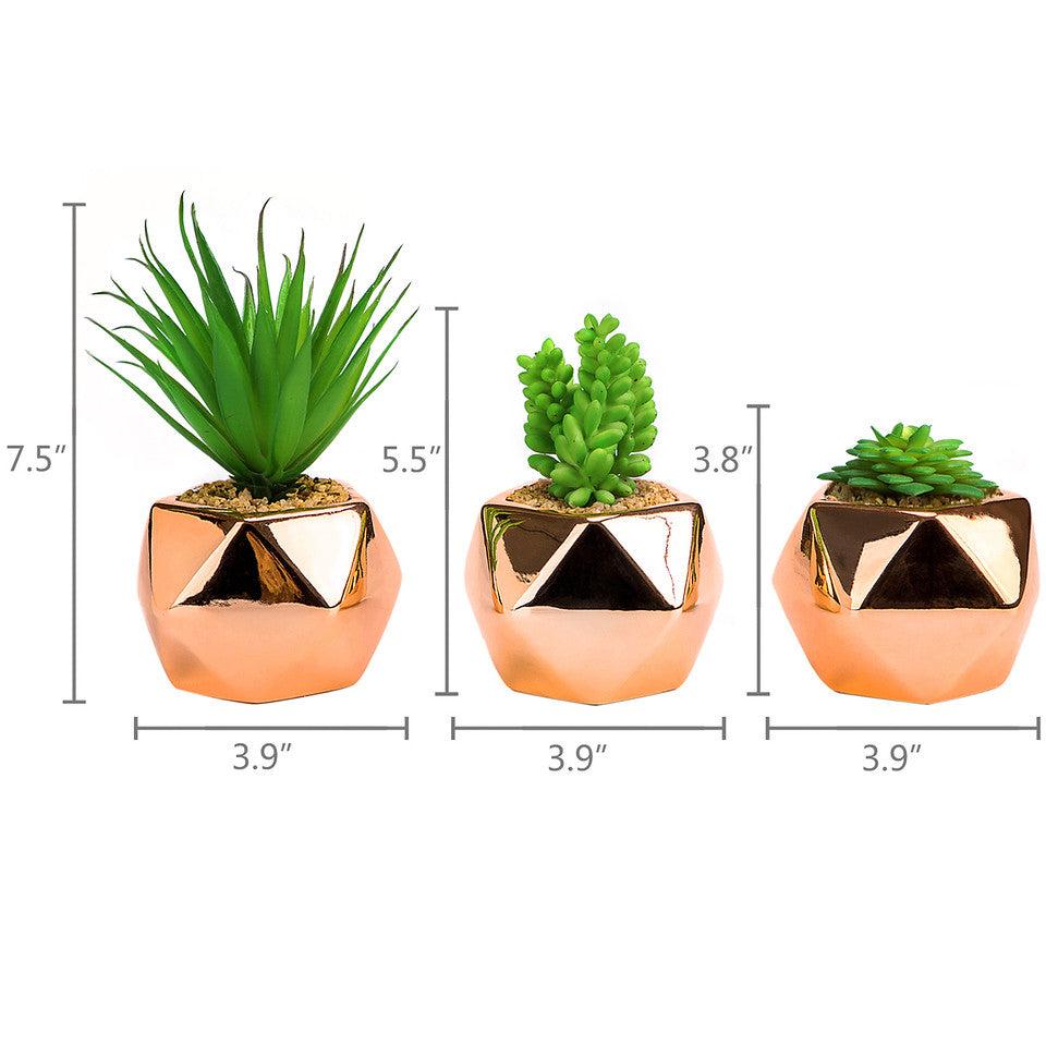 K Cliffs Set Of 3 Small Artificial Succulent Plant In Rose Gold Geometric Pots
