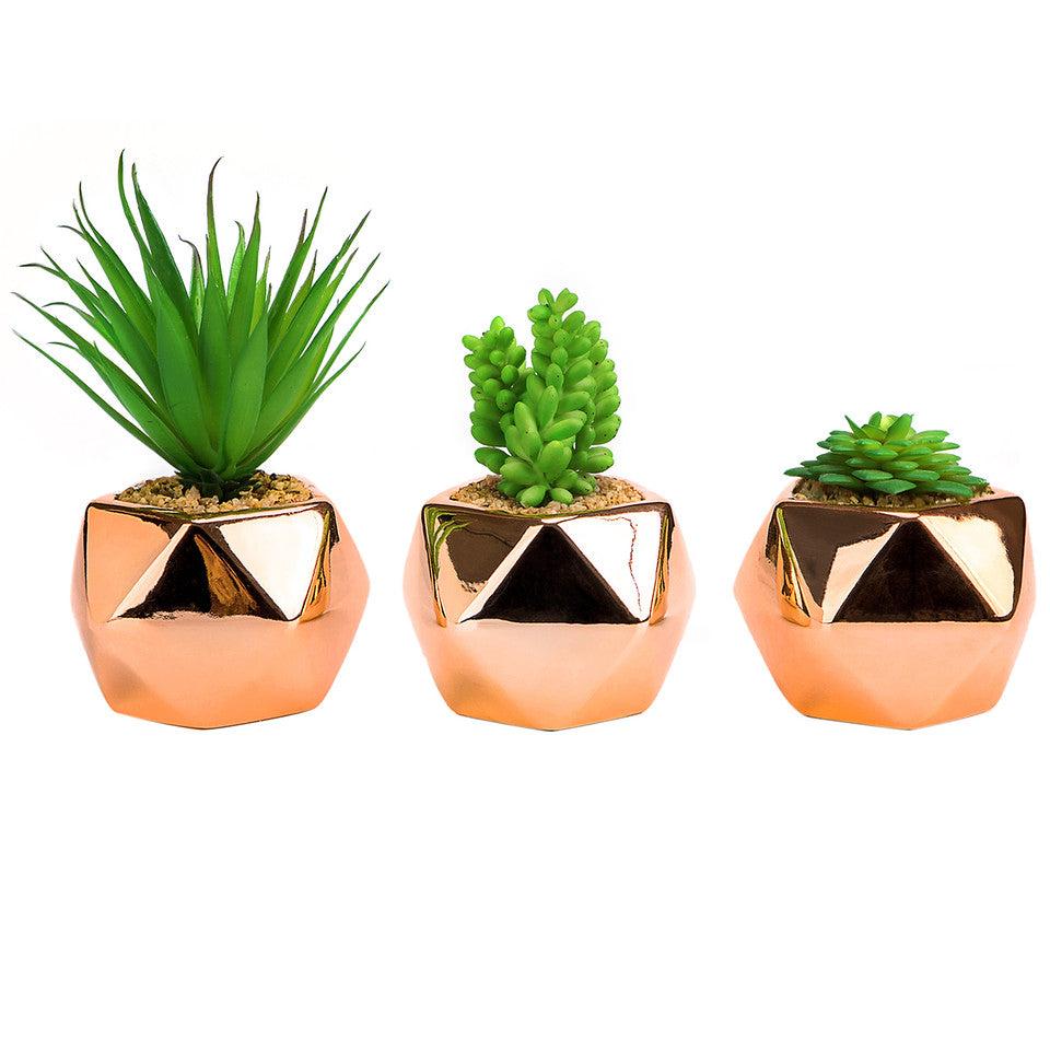K Cliffs Set Of 3 Small Artificial Succulent Plant In Rose Gold Geometric Pots