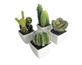 k cliffs Set of 4 Artificial Succulent and Cactus Plants in White Ceramic Cube Pots – Mini Faux Plants for Home & Office Décor