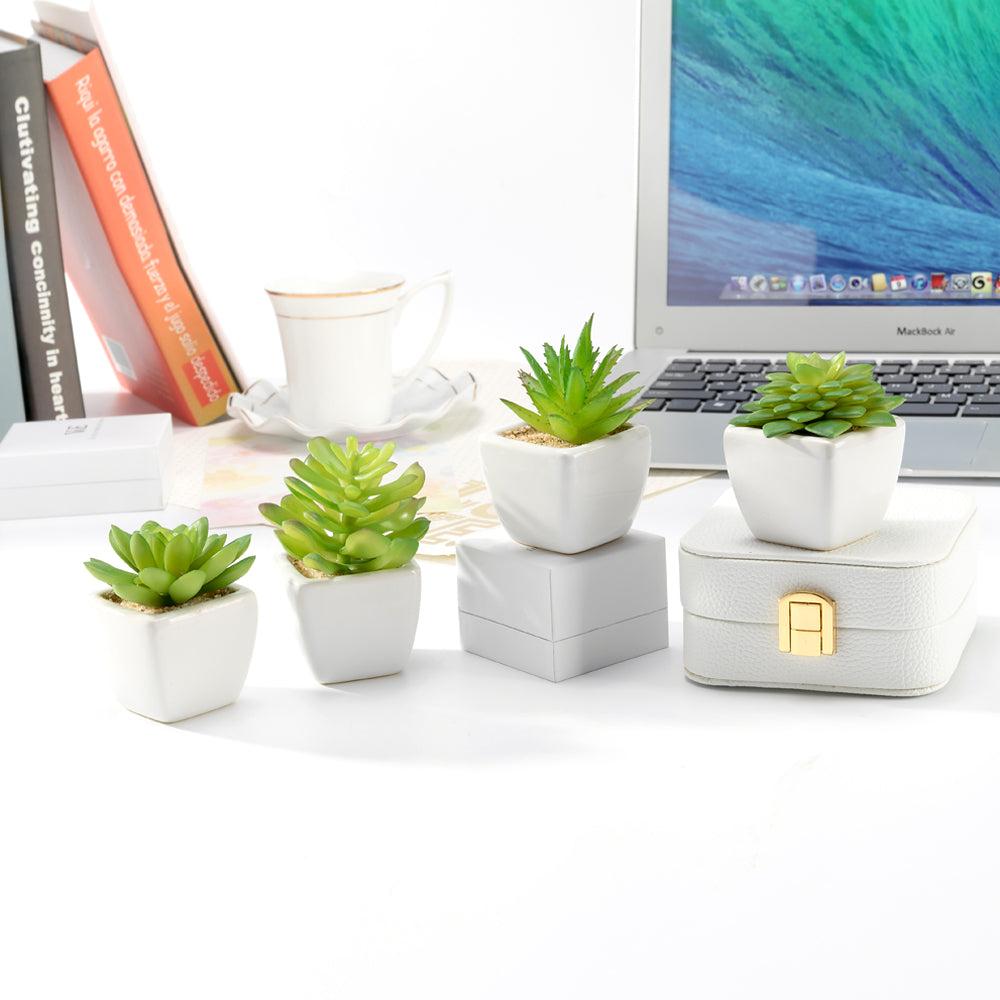 k cliffs Set of 4 Artificial Succulent Plants in White Ceramic Pots - Low Maintenance Décor for Home & Office