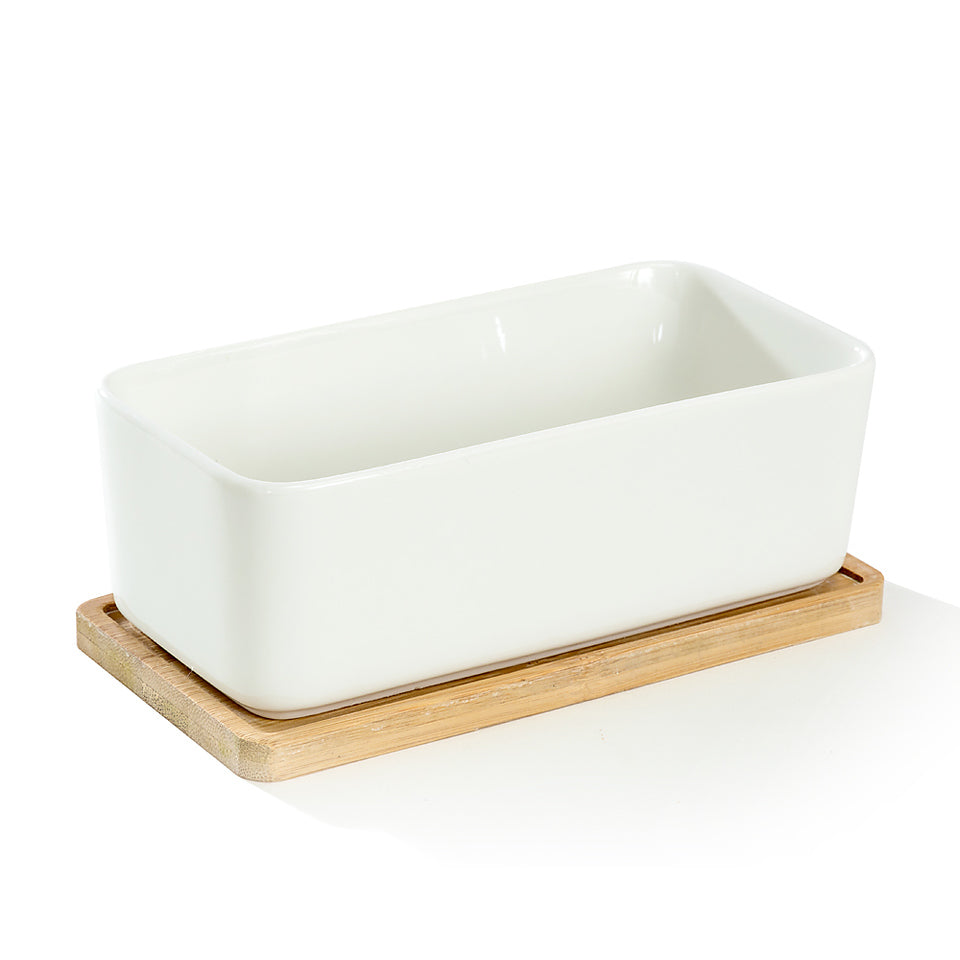 K Cliffs White Rectangular Ceramic Succulent Planter Pot With Bamboo Saucer