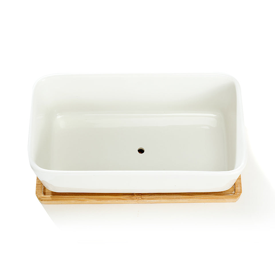 K Cliffs White Rectangular Ceramic Succulent Planter Pot With Bamboo Saucer