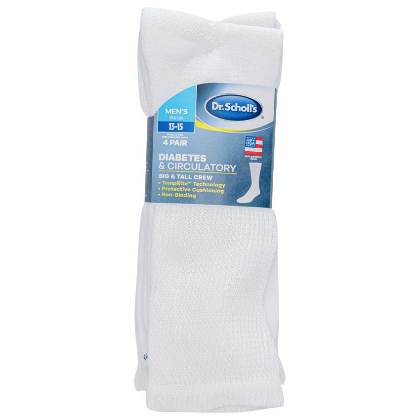 K. Bell Socks Dr. Scholl's Men's Diabetes & Circulatory Crew Socks 4 Pair Pack - Non-Binding Cushioned Comfort WHITE