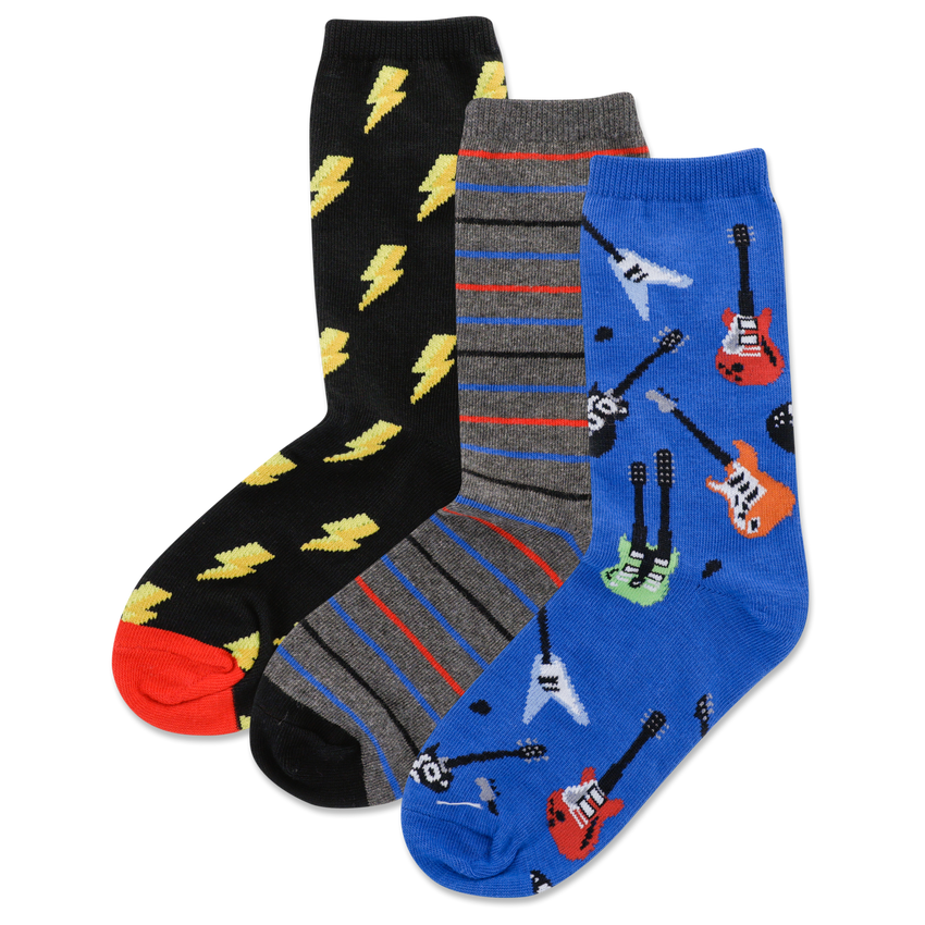 k. bell socks HOTSOX Kid's Electric Guitars Lightning Bolt Stripe 3 Pack Crew Socks Multi-colored