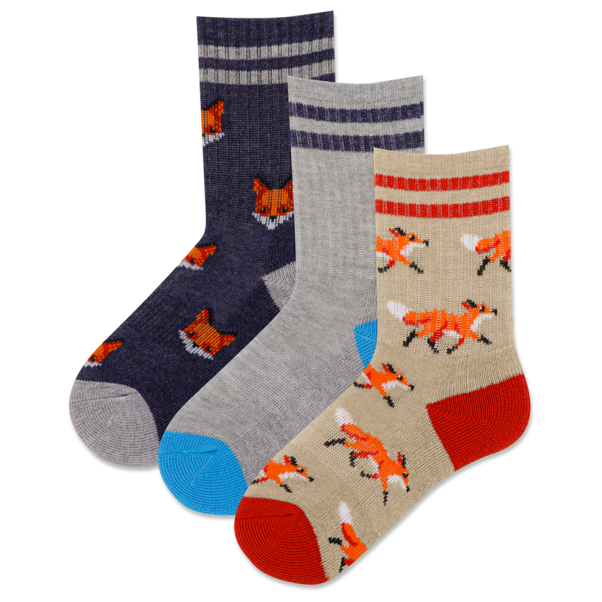 k. bell socks HOTSOX Kid's Fox Crew Socks 3 Pair Pack Multi-colored