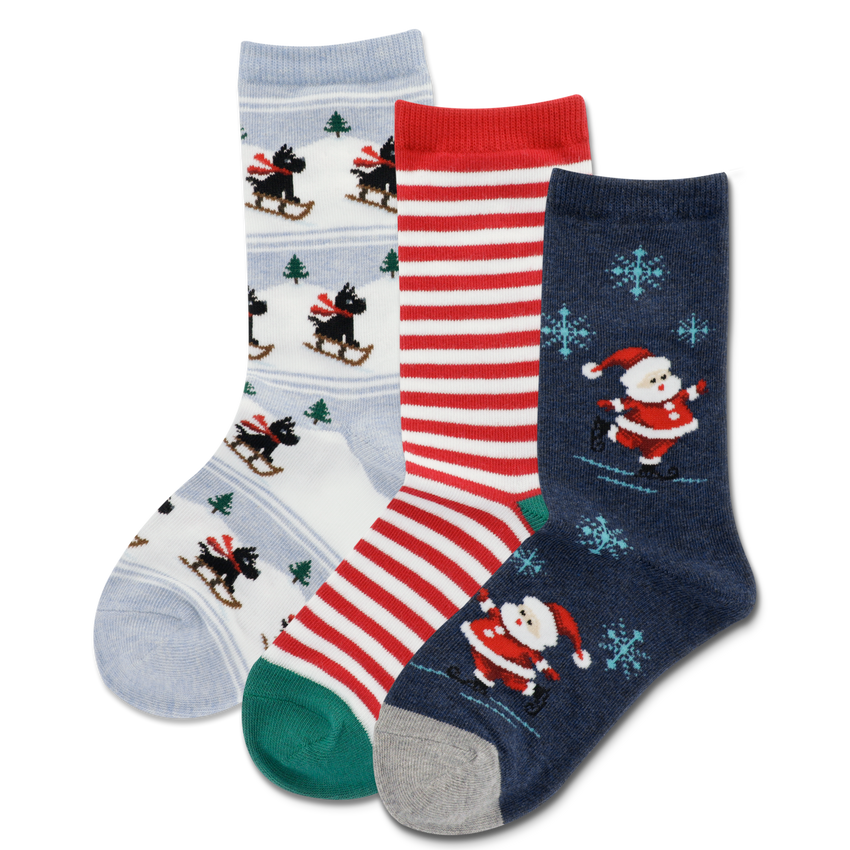 k. bell socks HOTSOX Kid's Skating Santa 3 Pack Crew Socks Denim Heather