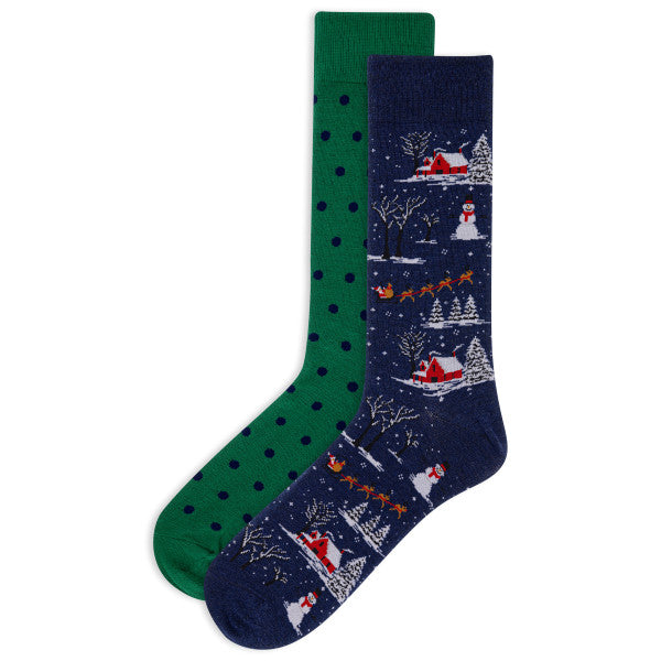 k. bell socks HOTSOX Men's Christmas Scene Crew Socks 2 Pair Pack Denim Assorted