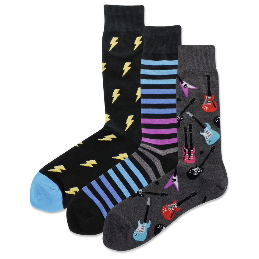 k. bell socks HOTSOX Men's Electric Guitars Lightning Bolt Stripe 3 Pack Crew Socks Multi-colored