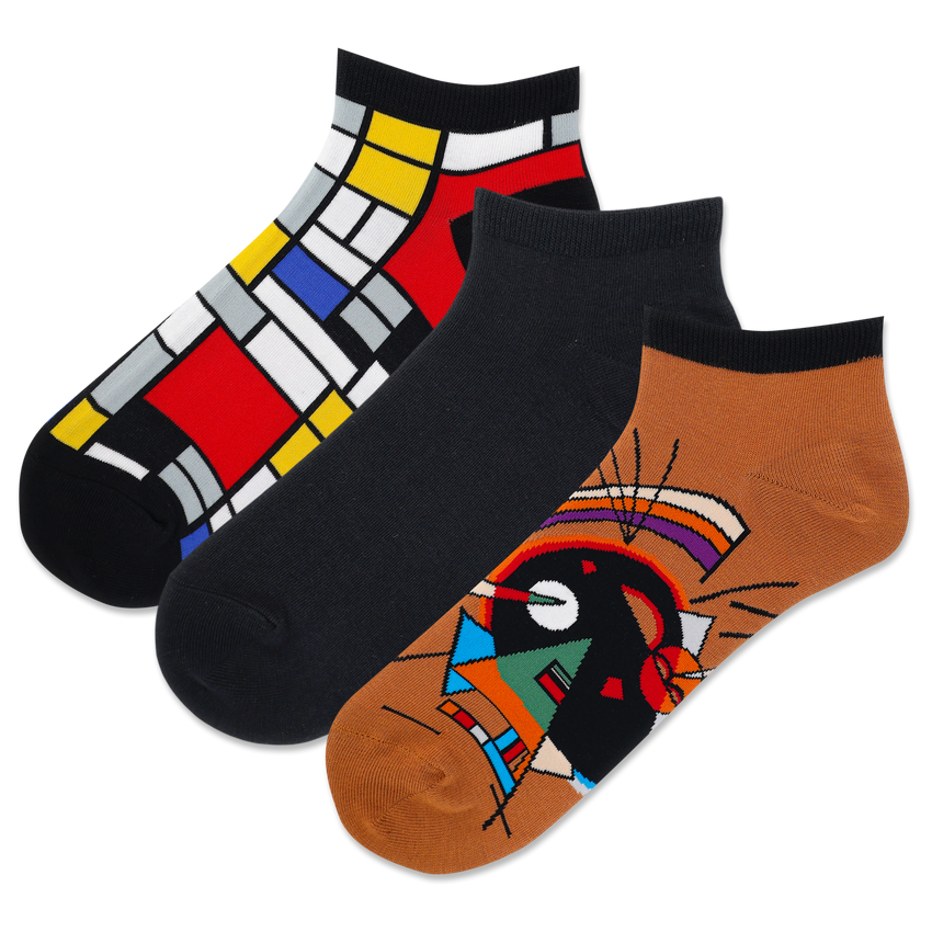 k. bell socks HOTSOX Men's Mondrian/ Kandinsky Low Cut Sock 3 Pack Black