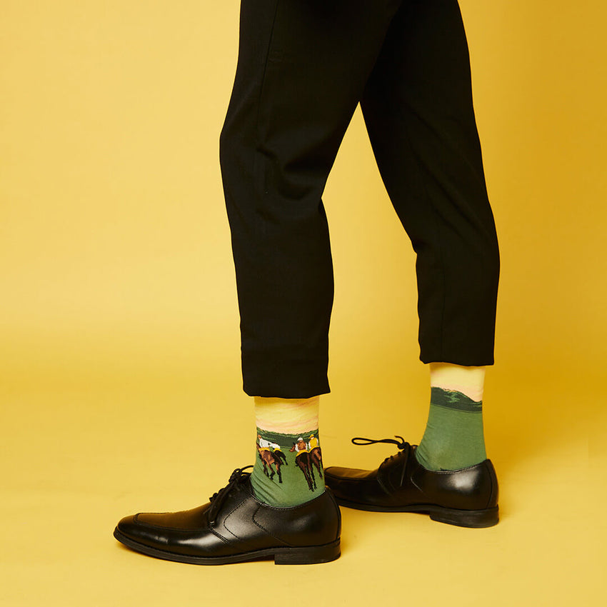 K. Bell Socks HOTSOX Men's Racehorses At Longchamp Crew Socks Yellow