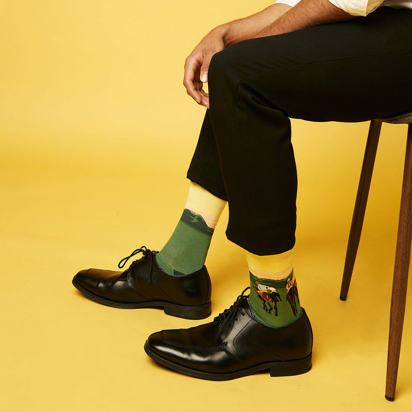 K. Bell Socks HOTSOX Men's Racehorses At Longchamp Crew Socks Yellow