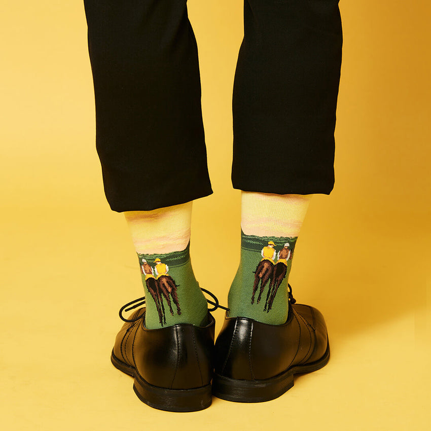 K. Bell Socks HOTSOX Men's Racehorses At Longchamp Crew Socks Yellow