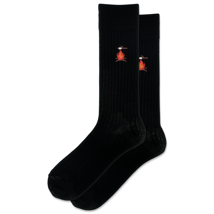 k. bell socks HOTSOX Men's Ribbed Campfire Embroidery Wool Crew Socks Black