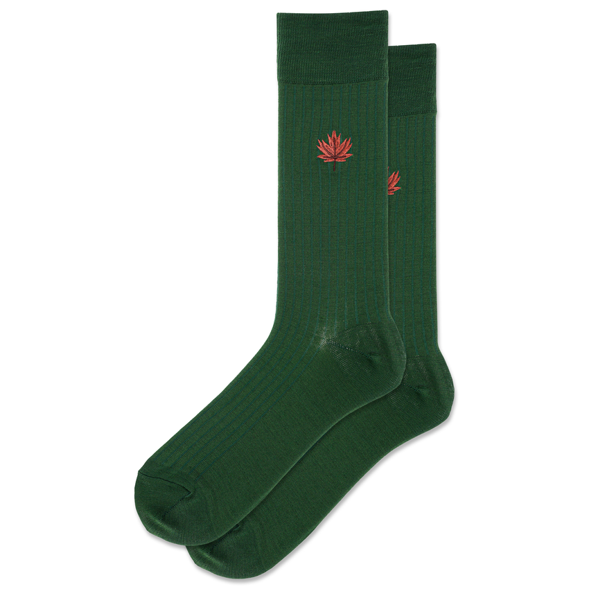 k. bell socks HOTSOX Men's Ribbed Maple Leaf Embroidery Wool Crew Socks Green