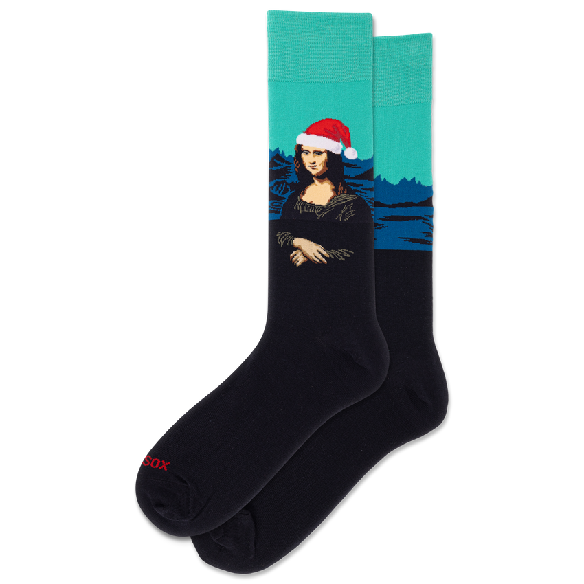 k. bell socks HOTSOX Men's Santa Mona Lisa Crew Socks Black