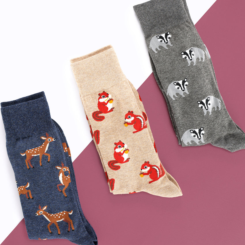 K. Bell Socks HOTSOX Men's Woodland Animals Crew Socks 3 Pair Gift Box Gray