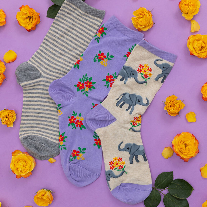 K. Bell Socks HOTSOX Women's Elephant Bouquet Crew Socks 3 Pack Natural Heather