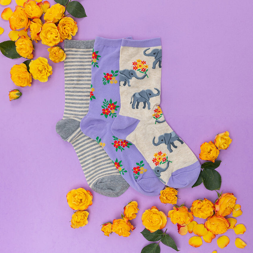K. Bell Socks HOTSOX Women's Elephant Bouquet Crew Socks 3 Pack Natural Heather
