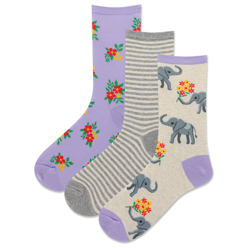 k. bell socks HOTSOX Women's Elephant Bouquet Crew Socks 3 Pack Natural Heather