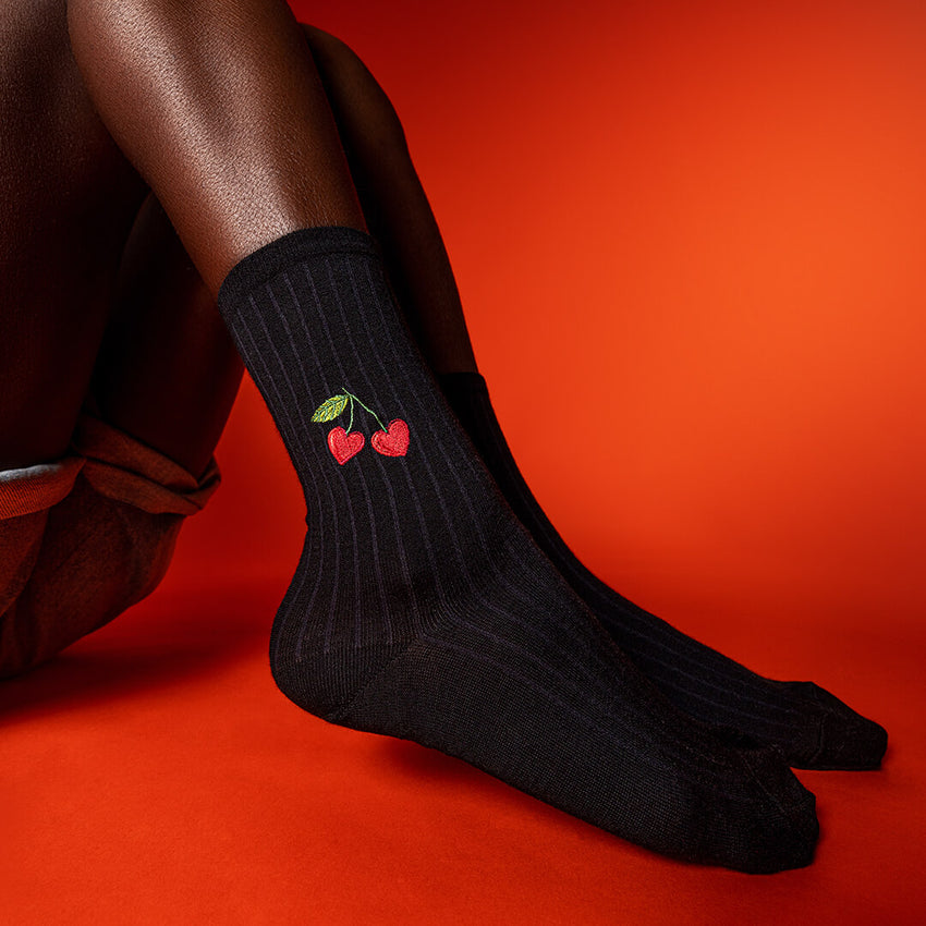 K. Bell Socks HOTSOX Women's Embroidery Cherry Heart Wool Crew Socks Black