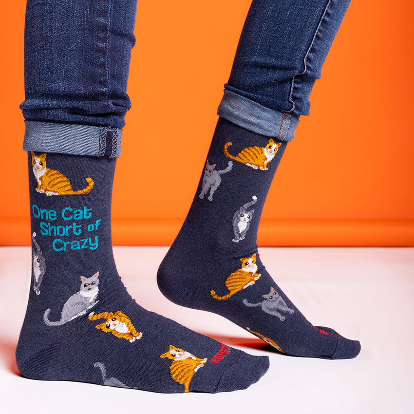 K. Bell Socks HOTSOX Women's One Cat Short Of Crazy Crew Socks Denim Heather