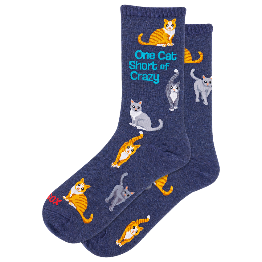 k. bell socks HOTSOX Women's One Cat Short of Crazy Crew Socks Denim Heather