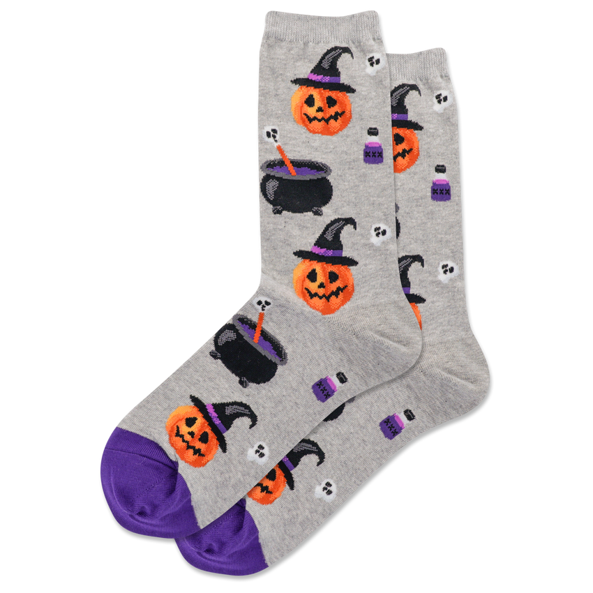 k. bell socks HOTSOX Women's Witch Pumpkin Crew Socks Grey Heather
