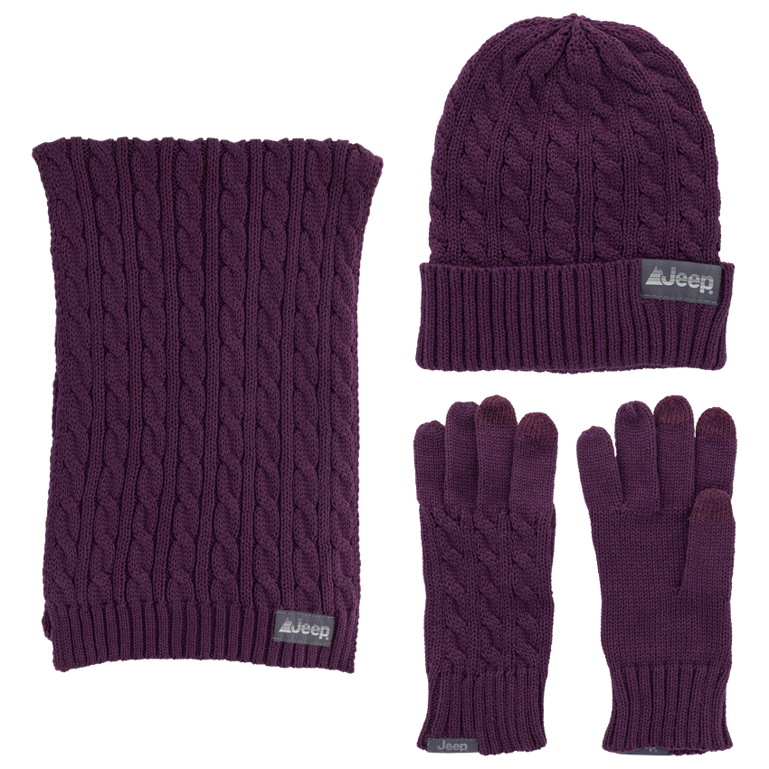 k. bell socks Jeep® 3-Piece Cable Knit Scarf Hat and Glove Set Purple