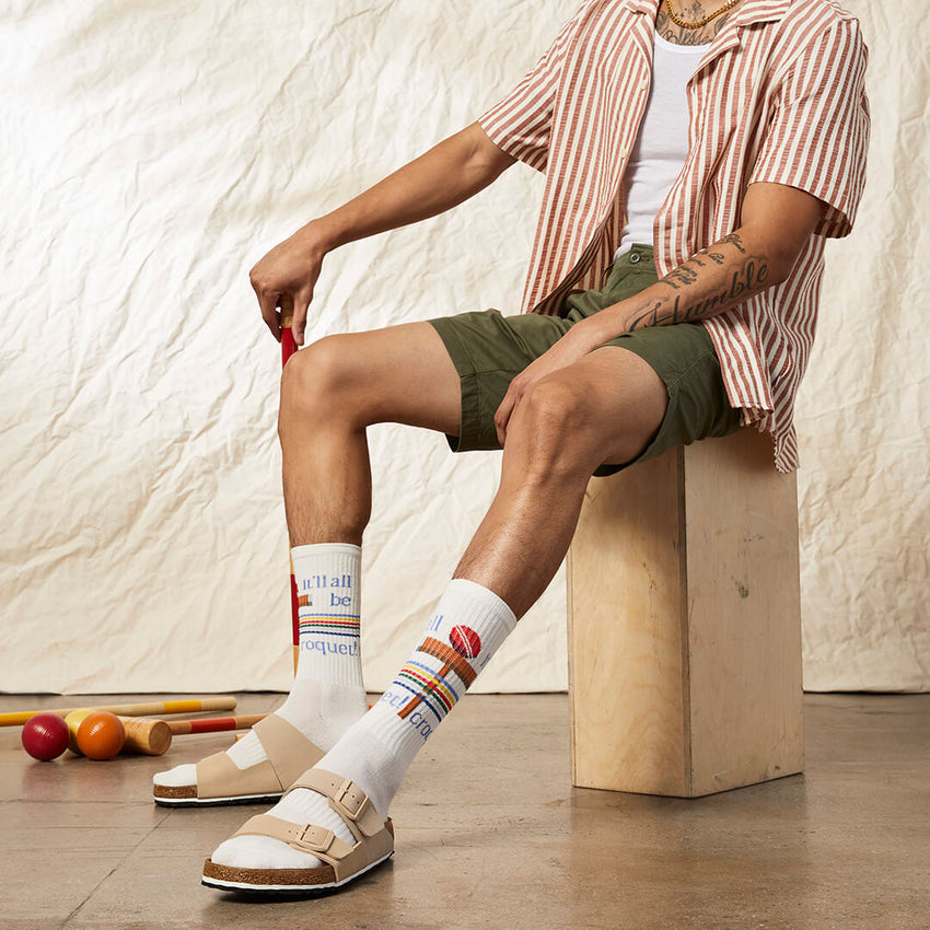 K. Bell Socks K.Bell Men's It'll Be Croquet Active Crew Socks Light Oatmeal