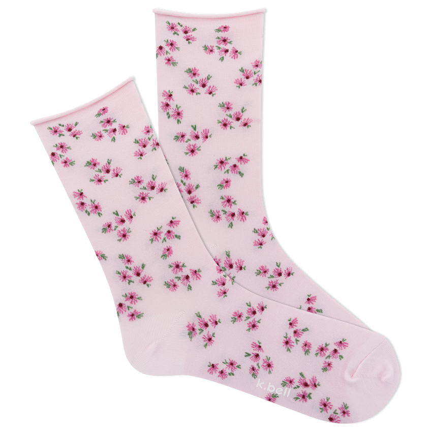 k. bell socks K.Bell Women's Ditsy Spring Roll Top Crew Socks Petal Pink