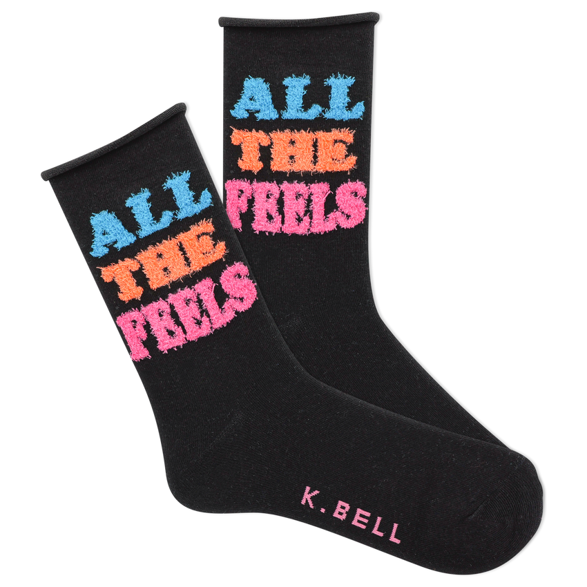 k. bell socks K.Bell Women's Fuzzy All The Feels Roll Top Crew Socks Black