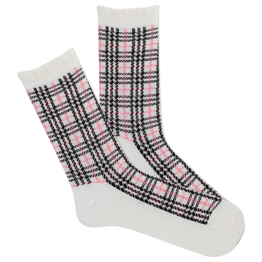 K. Bell Socks K.Bell Women's Modal Plaid Crew Socks With Ruffled Edge Ivory