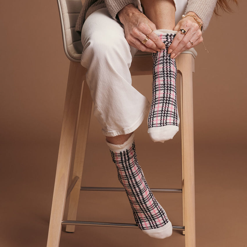 k. bell socks K.Bell Women's Modal Plaid Crew Socks with Ruffled Edge Ivory
