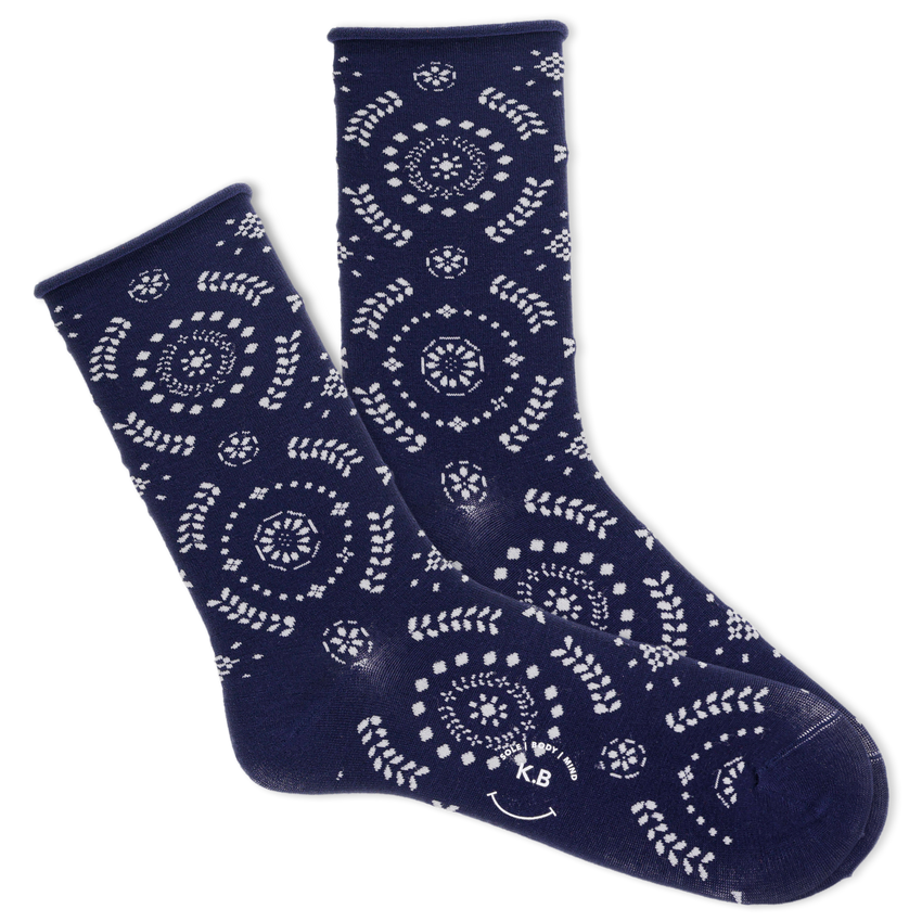 k. bell socks K.Bell Women's Radial Floral Roll Top Crew Socks Navy