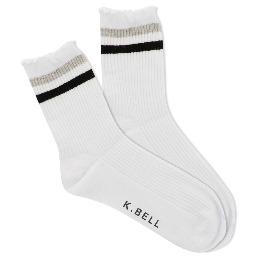 k. bell socks K.Bell Women's Retro Varsity Lettuce Edge Crew Socks White