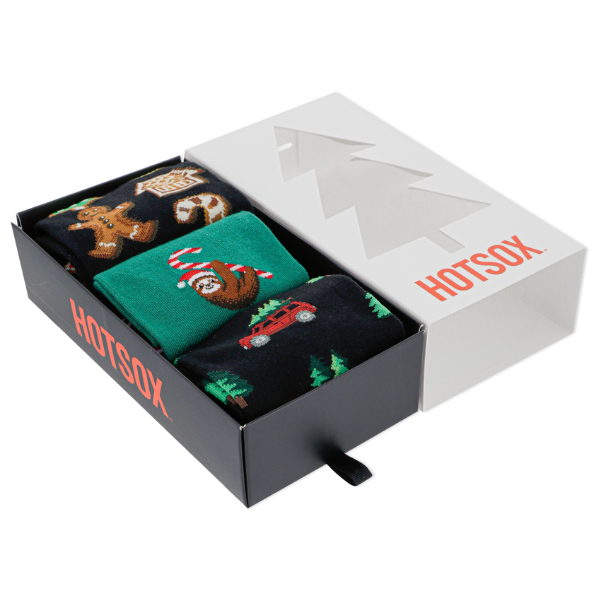 K. Bell Socks Men's Holiday Cookies Candy Cane Sloth Christmas Tree On Car Crew Socks Gift Box Black