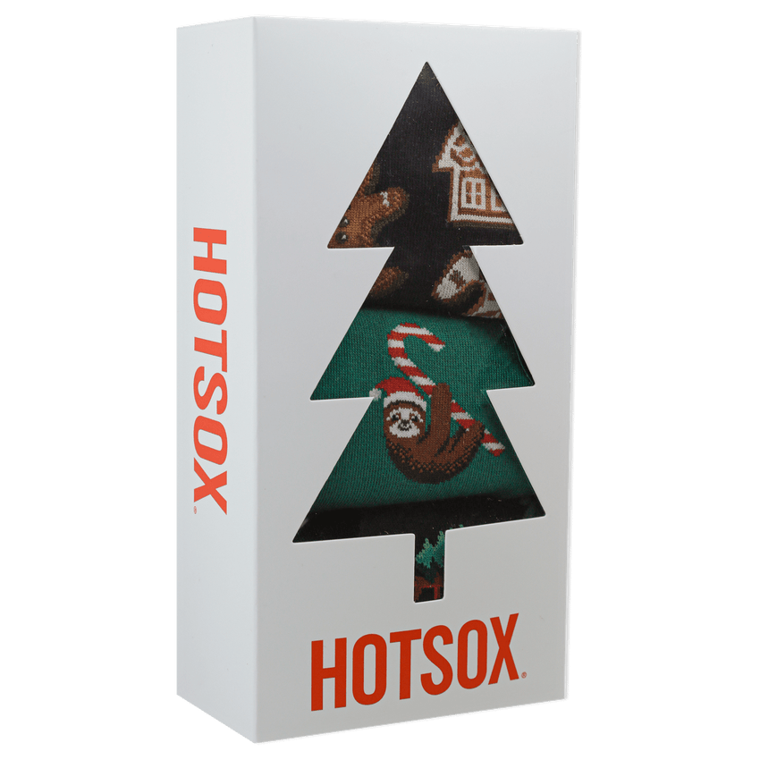 k. bell socks Men's Holiday Cookies Candy Cane Sloth Christmas Tree on Car Crew Socks Gift Box Black