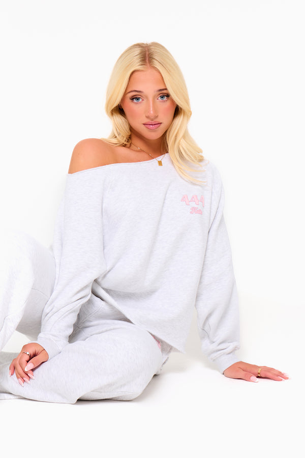 Kaiia 444 Off The Shoulder Sweatshirt Light Grey Marl & Pink