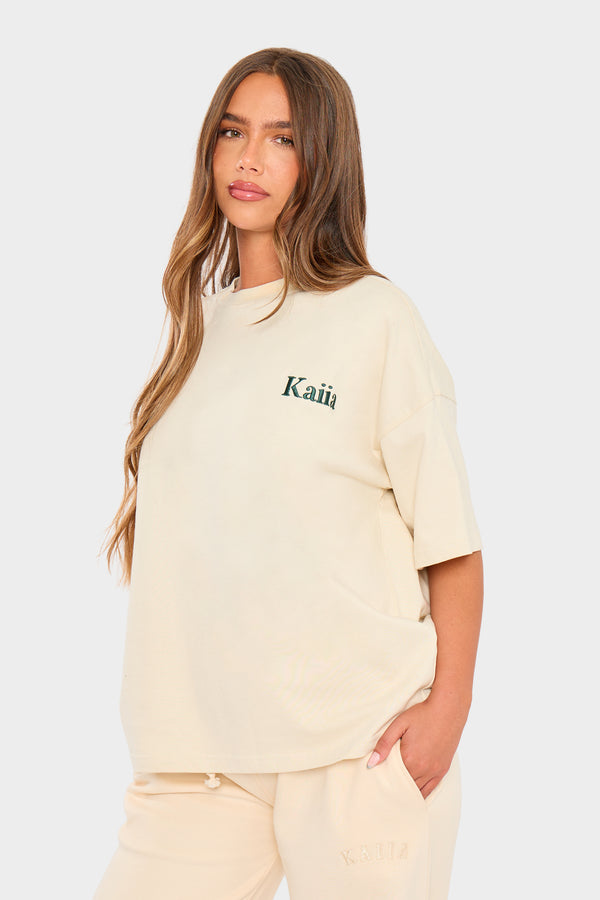 Kaiia Athletic Back Graphic Oversized T-Shirt Cream & Green