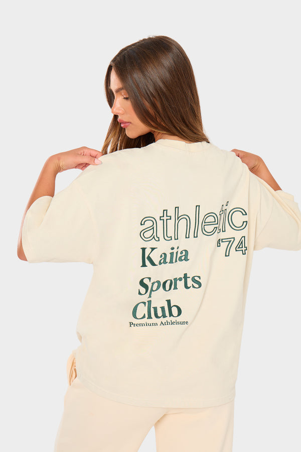 Kaiia Athletic Back Graphic Oversized T-Shirt Cream & Green