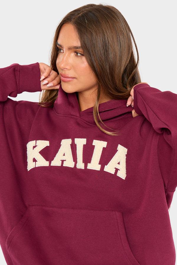 Kaiia Borg Slogan Oversized Hoodie Burgundy & Cream