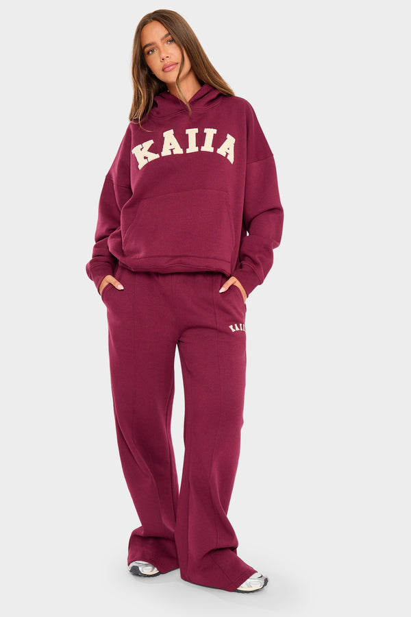 Kaiia Borg Slogan Oversized Hoodie Burgundy & Cream